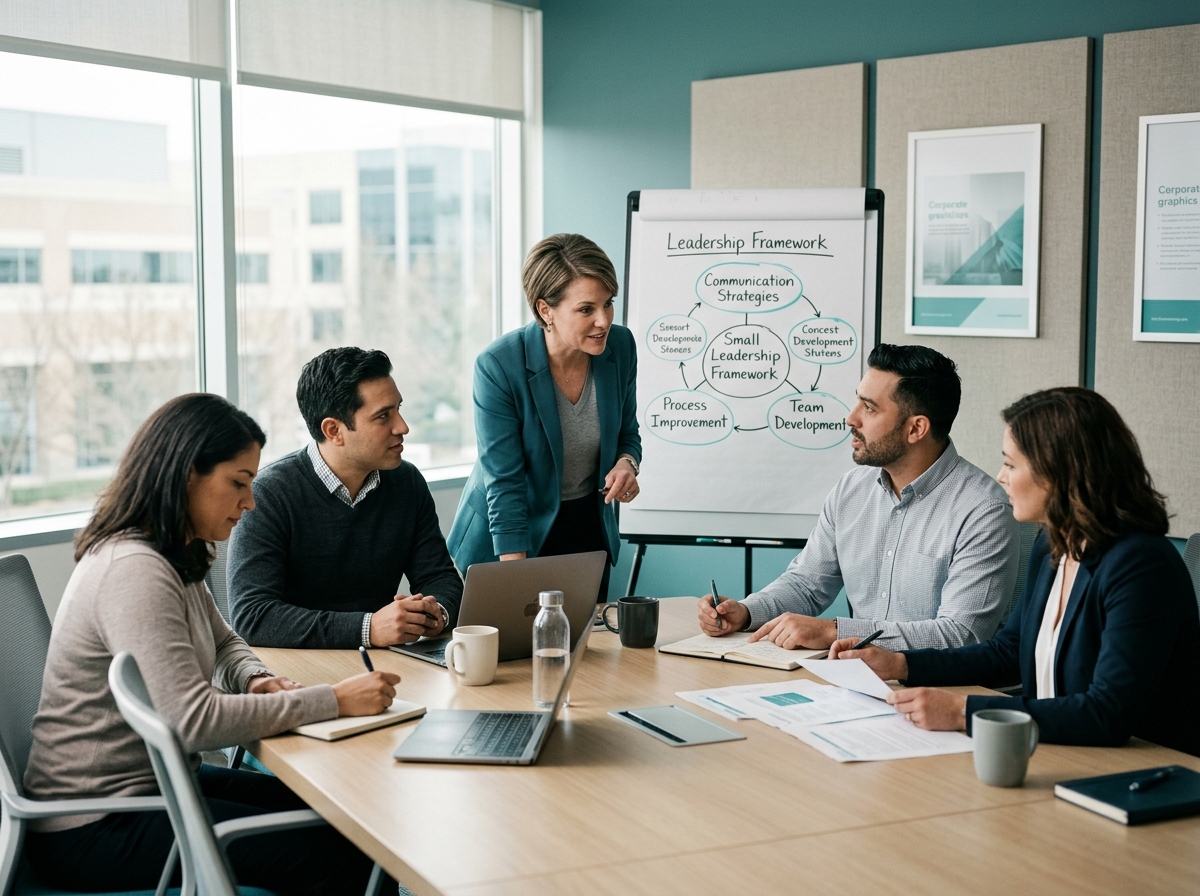 Leadership development workshop with facilitator guiding a small team discussion