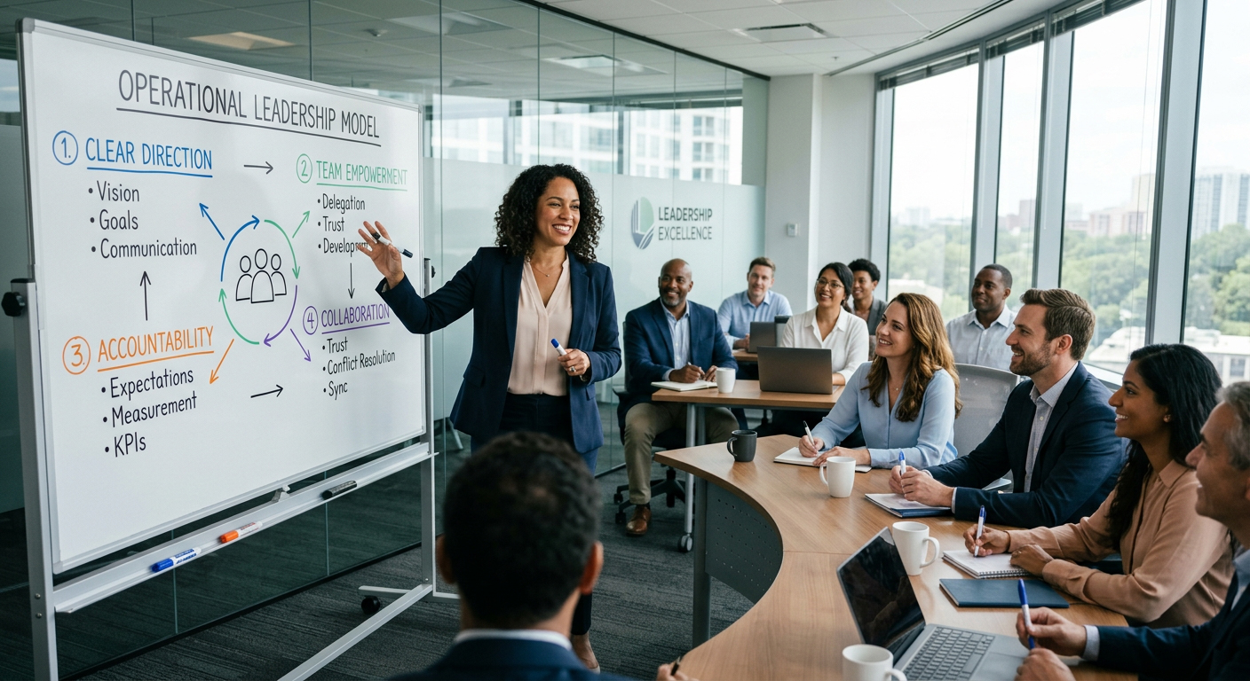 Leadership facilitator presenting operational workshop to an engaged group